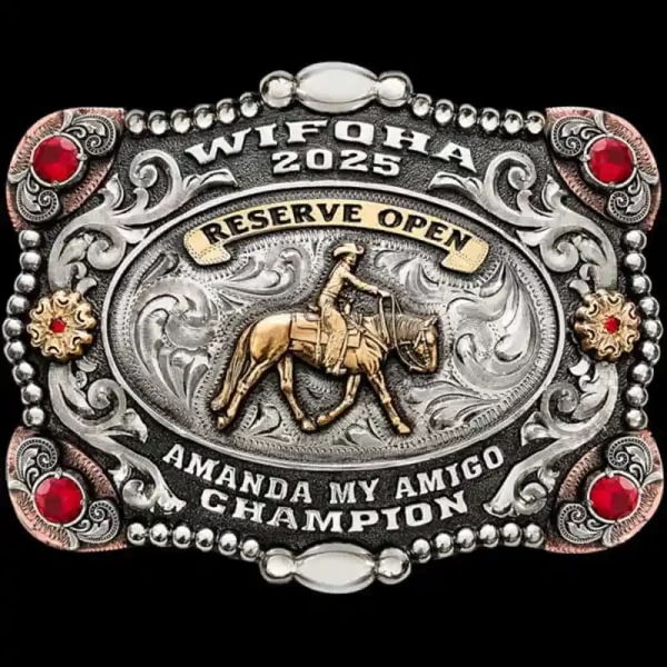 The magic of Kansas City comes within this unique custom belt buckle! Built with six stones, silver scrolls and bronze corners. Personalize it as the perfect western gift or award!
